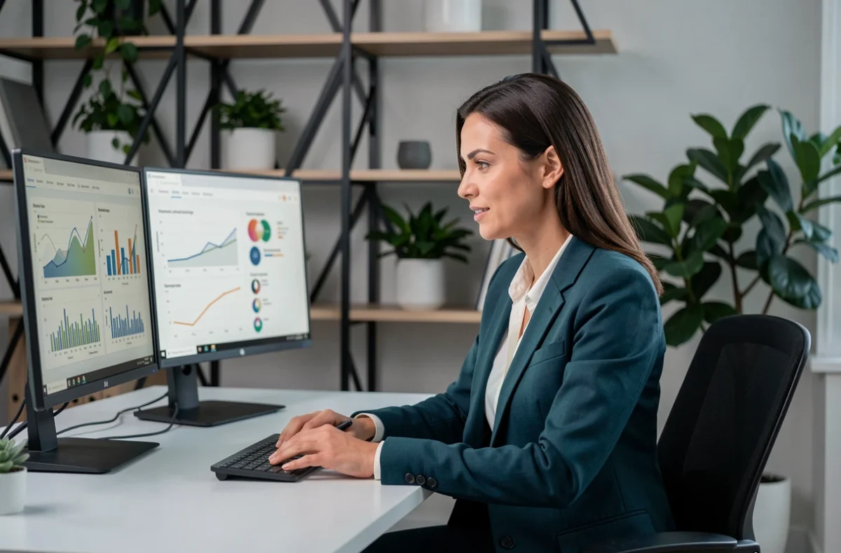 Conseillère d'Ad Visium Conseil analysant des données d'assurance sur ordinateur dans un bureau moderne et professionnel