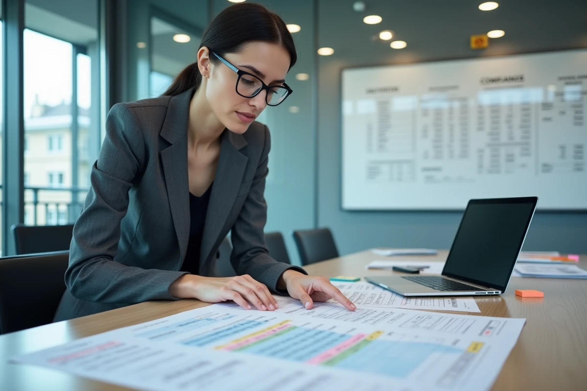 Femme comptable analysant les comptes du plan comptable général dans une salle de réunion professionnelle