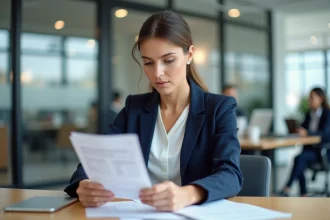 Femme cadre analysant sa fiche de paie dans un bureau moderne, illustration du salaire brut net en CDI 2026