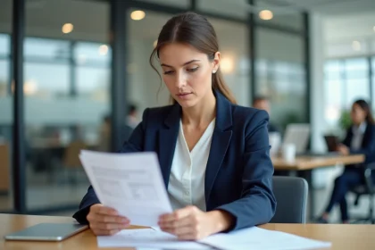 Femme cadre analysant sa fiche de paie dans un bureau moderne, illustration du salaire brut net en CDI 2026