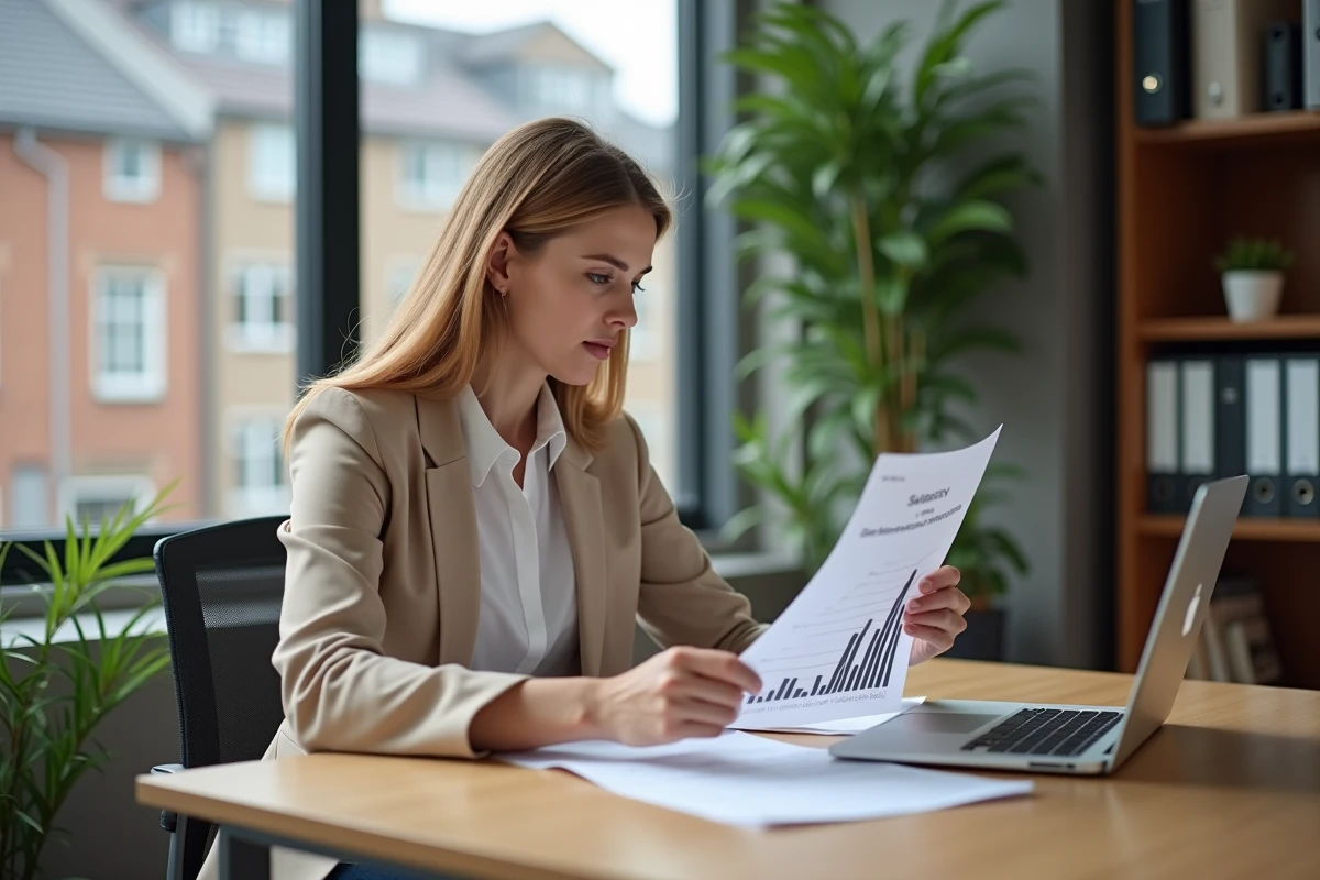 Femme analysant des documents de comparaison salariale entre Länder allemands de l'est et de l'ouest dans un bureau moderne