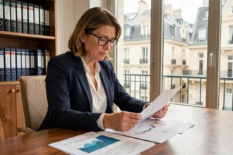 Femme cadre analysant la valeur de retrait d'une SCPI dans un bureau parisien moderne