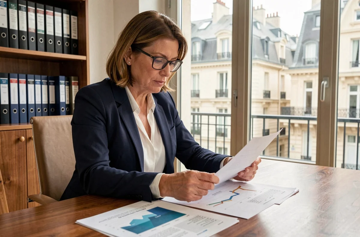 Femme cadre analysant la valeur de retrait d'une SCPI dans un bureau parisien moderne