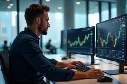 Analyste financier étudiant les cours des cryptomonnaies sur la plateforme eToro avec plusieurs écrans de trading