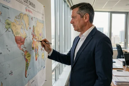 Analyste financier étudiant une carte des pays émergents dans un bureau moderne pour orienter ses décisions d'investissement