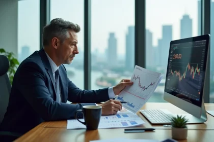 Analyste financier étudiant les données boursières de CMA CGM sur un bureau de trading avec des graphiques de portefeuille