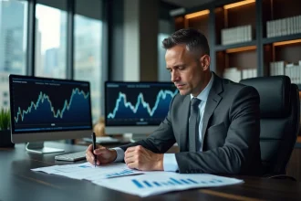 Analyste financier étudiant une stratégie de couverture sur swap de taux CMS 10 ans dans un bureau moderne