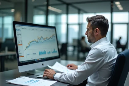 Analyste financier examinant un tableau de bord de suivi de crédit sur ordinateur portable dans un bureau d'entreprise moderne