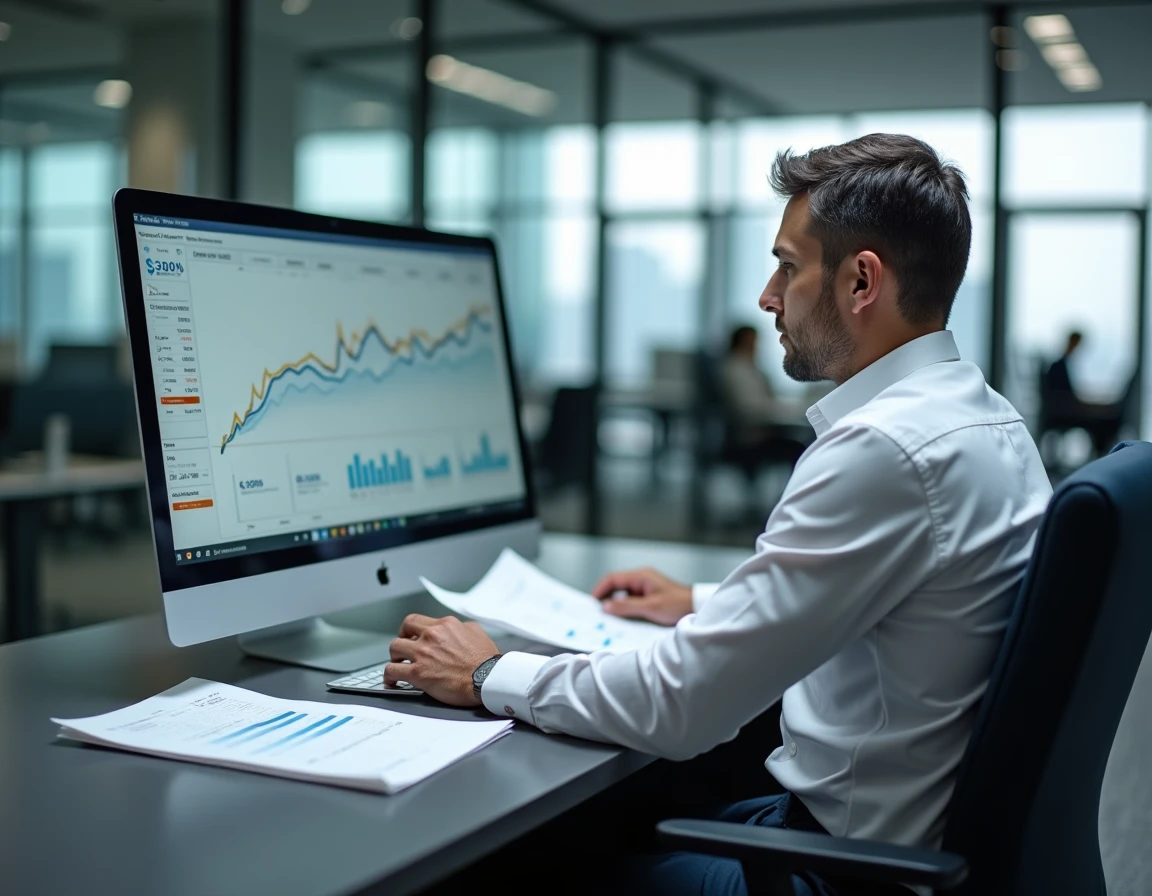 Analyste financier examinant un tableau de bord de suivi de crédit sur ordinateur portable dans un bureau d'entreprise moderne