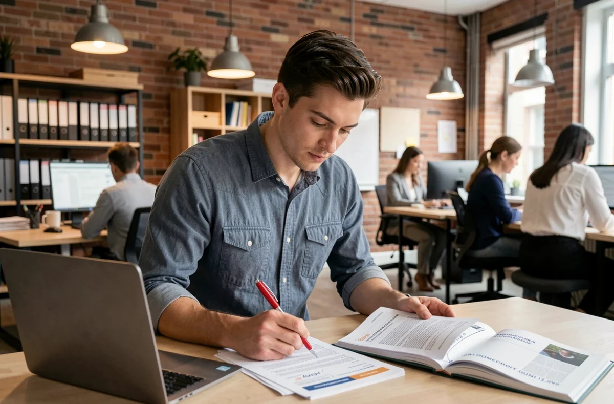 Analyste juridique annotant des documents d'assurance commerciale dans un espace de coworking moderne