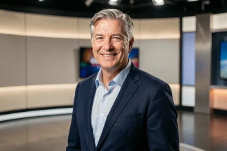 Animateur emblématique de TF1 en costume bleu marine dans un studio de télévision moderne, souriant avec assurance