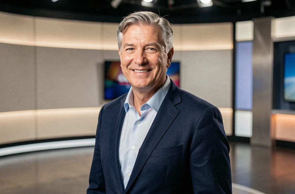 Animateur emblématique de TF1 en costume bleu marine dans un studio de télévision moderne, souriant avec assurance