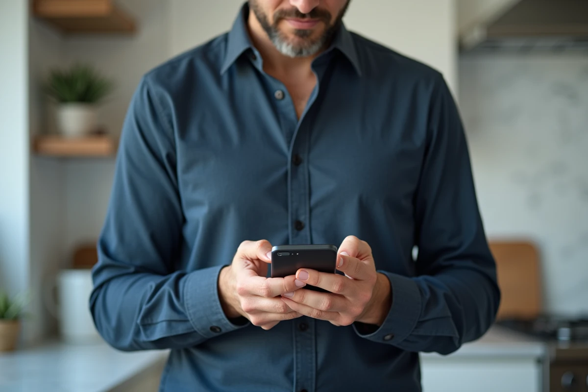 Homme consultant son application bancaire CA56 sur smartphone pour ajouter un nouveau bénéficiaire