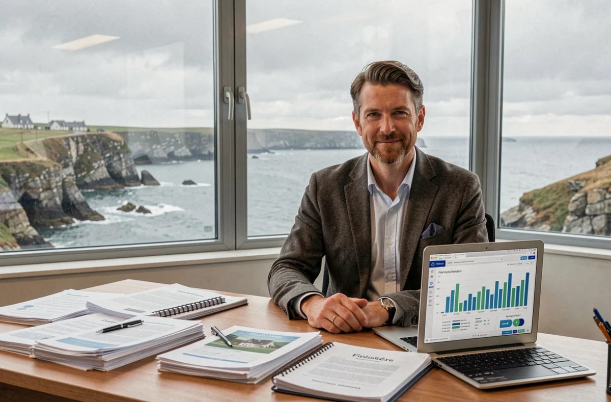 Un courtier d'Armen Habitat travaille sur des dossiers de gestion locative dans son bureau avec vue sur le Finistère