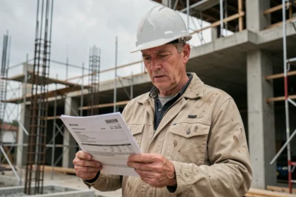 Artisan du bâtiment consultant un devis d'assurance décennale sur un chantier de construction