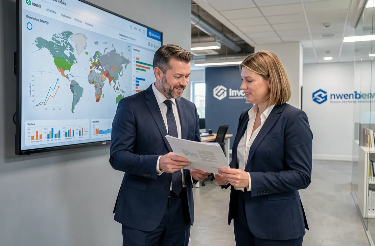 Équipe de courtiers d'Ascot Insurance analysant des portefeuilles d'assurance devant un écran de données dans un bureau professionnel moderne