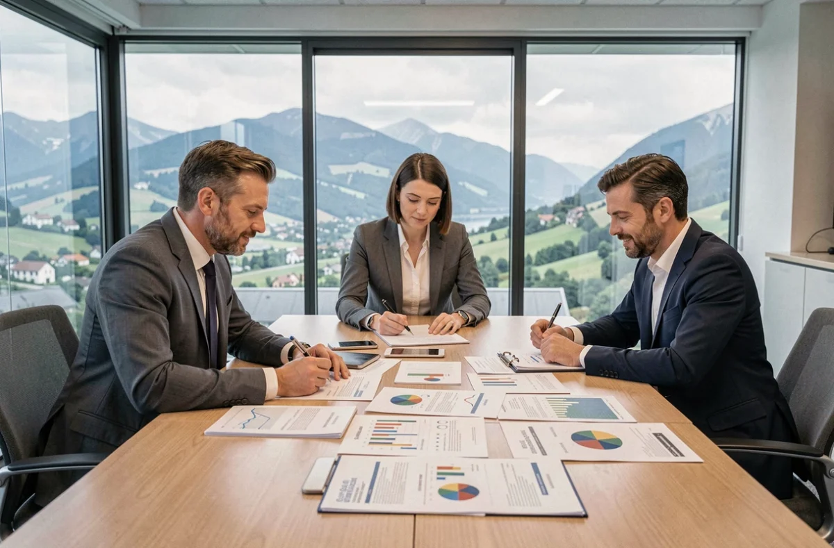 Équipe de conseillers d'Asset Courtage Group réunis autour d'une table de réunion en Isère