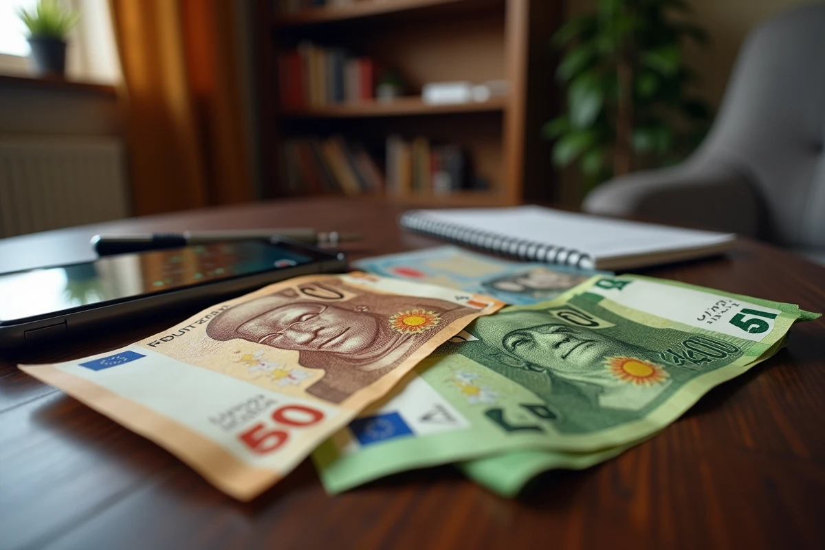 Billets de dirhams marocains et d'euros côte à côte sur un bureau avec un carnet de calcul de taux de change