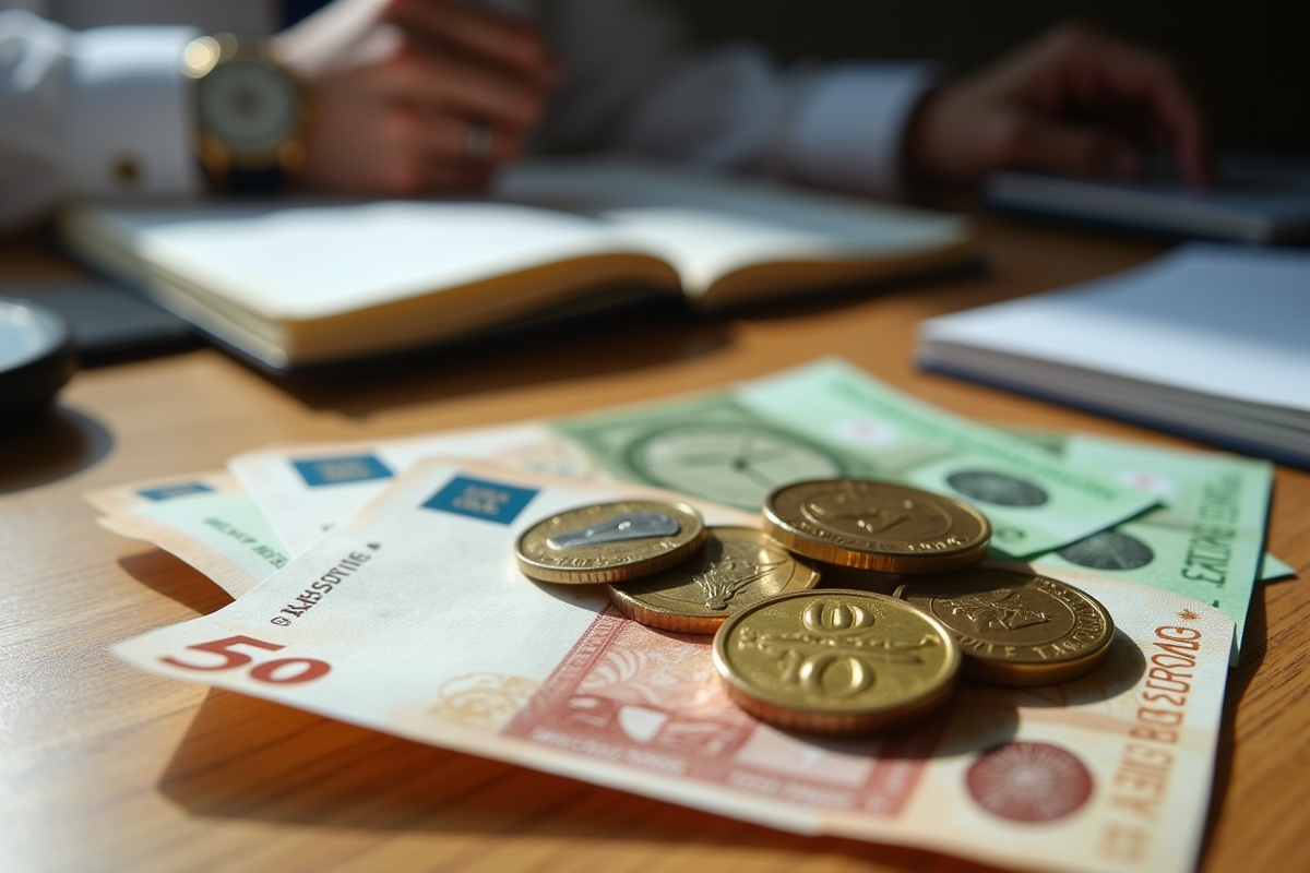 Billets francs suisses et montre sur bureau en lumière naturelle