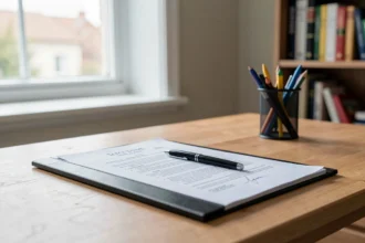 Bureau avec un dossier de documents juridiques et un stylo