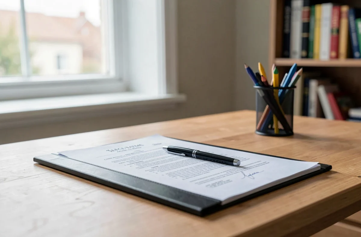 Bureau avec un dossier de documents juridiques et un stylo