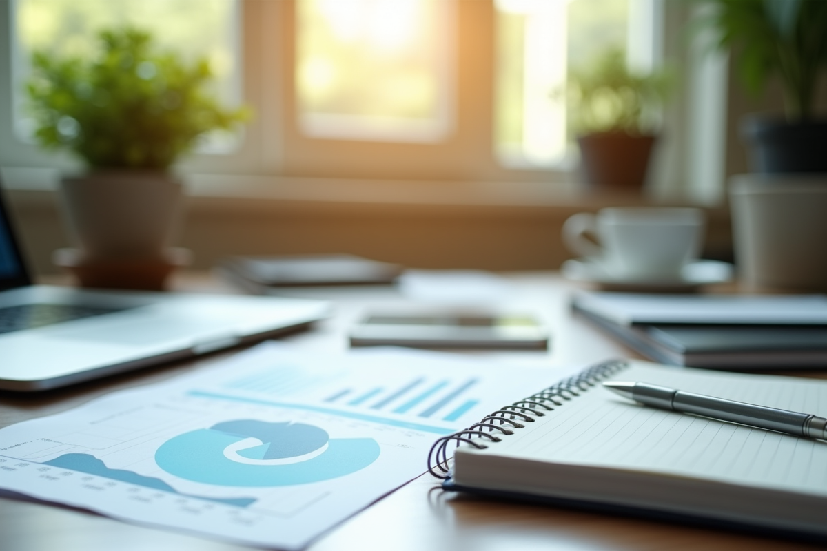 Bureau organisé avec graphiques et carnet pour finances