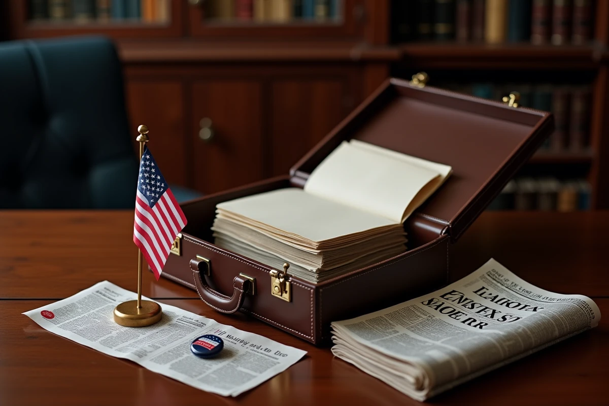 Nature morte symbolique sur un bureau en bois avec porte-documents, drapeau américain, badge de campagne et journal évoquant la fortune et la politique électorale