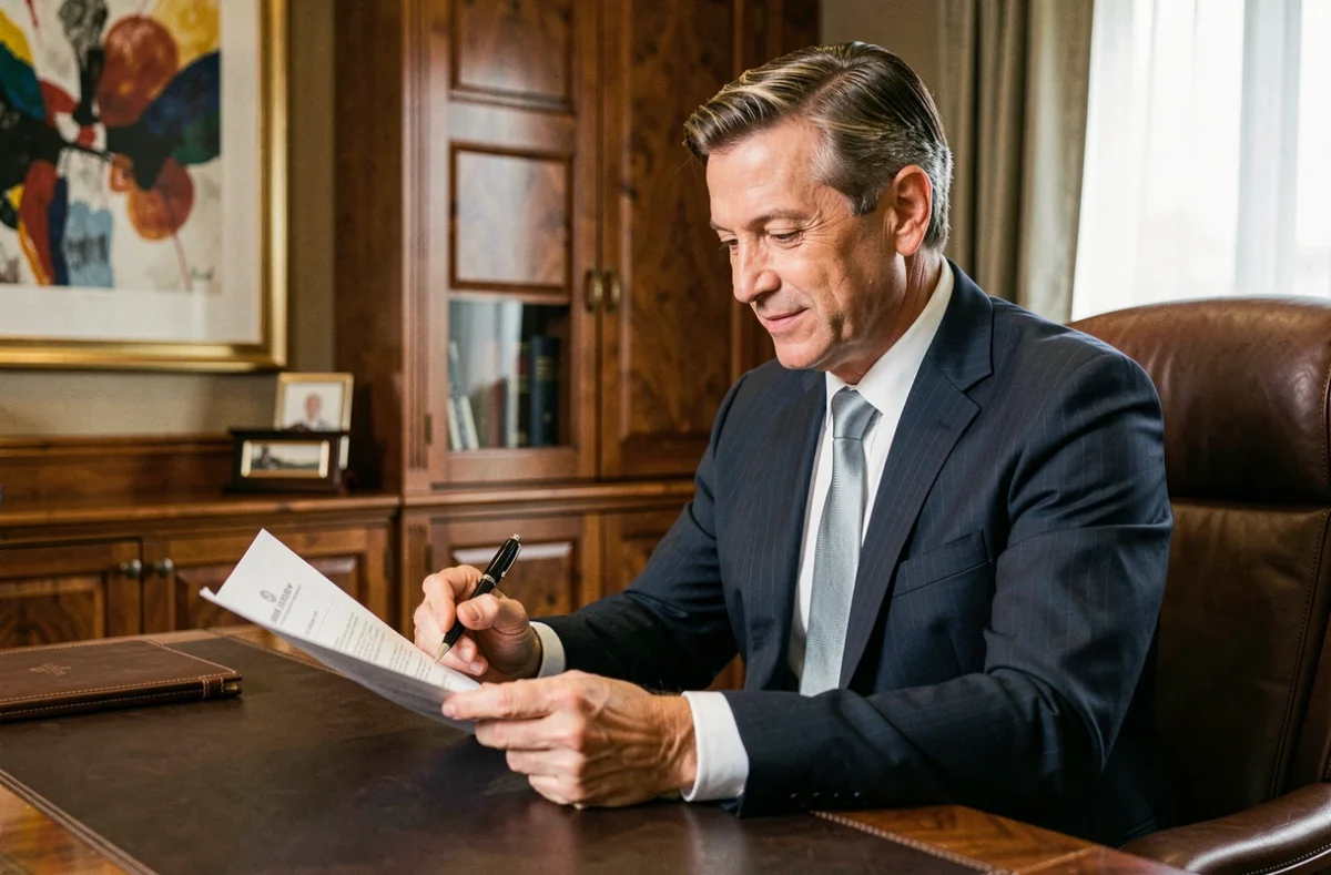 Gestionnaire de patrimoine du Cabinet LM&Co Gestion Privée consultant un dossier premium dans un bureau luxueux au mobilier en noyer