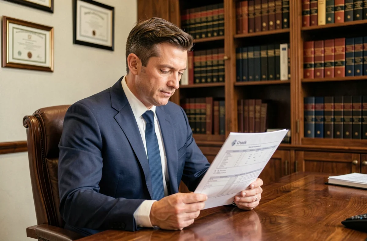 Courtier du Cabinet Monot assis à son bureau en bois élégant, consultant un dossier d'assurance dans un cadre professionnel classique
