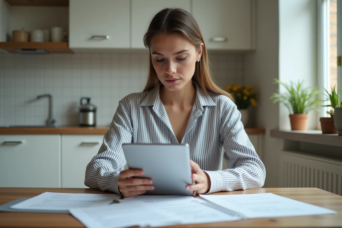 Jeune femme calculant son temps de travail pour le chômage avec des fiches de paie sur une tablette