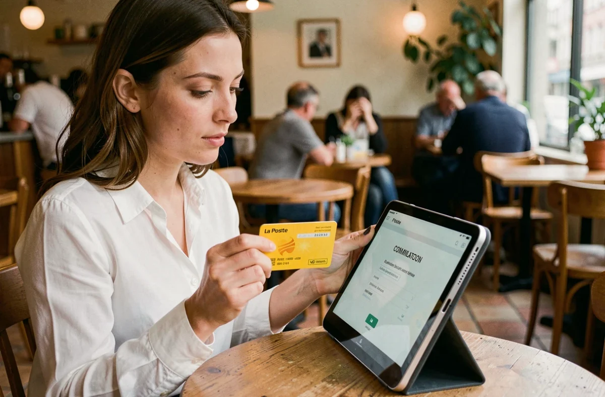 Jeune femme tenant une carte bancaire La Banque Postale et consultant les limites de virement instantané sur une tablette en café