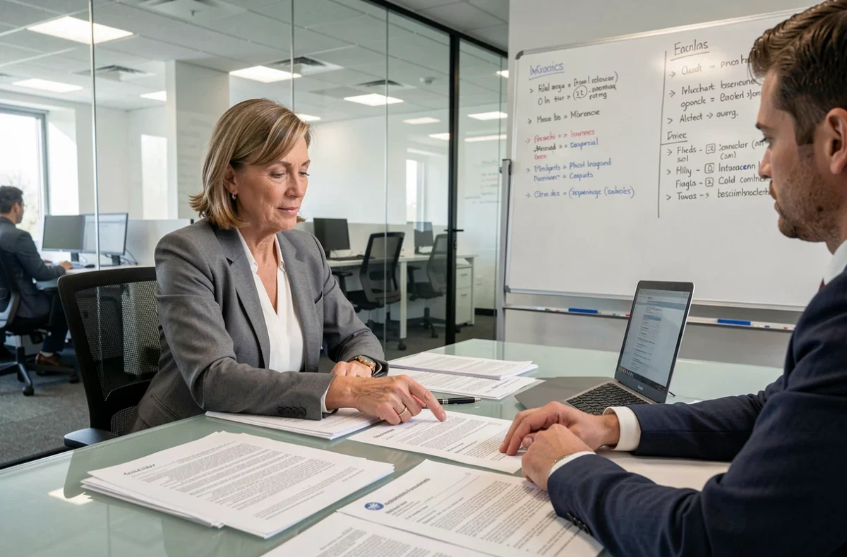 Cheffe d'entreprise discutant de clauses de contrat commercial avec un agent d'assurance en salle de réunion