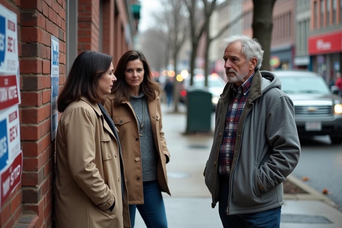 Groupe de citoyens américains adultes discutant de politique et de la fortune des candidats dans une rue urbaine devant des affiches électorales