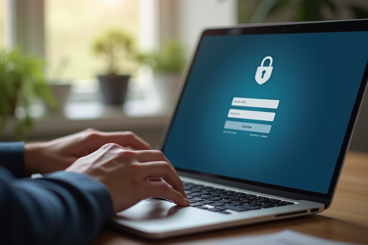 Mains sur un clavier de laptop affichant une page de connexion bancaire