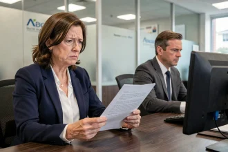 Une cliente frustrée discute avec un conseiller bancaire au sujet de la fermeture refusée de son Livret A