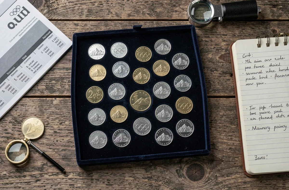 Collection de pièces de 2 euros commémoratives des JO 2026 disposées sur un plateau en velours bleu avec une loupe et un guide de prix