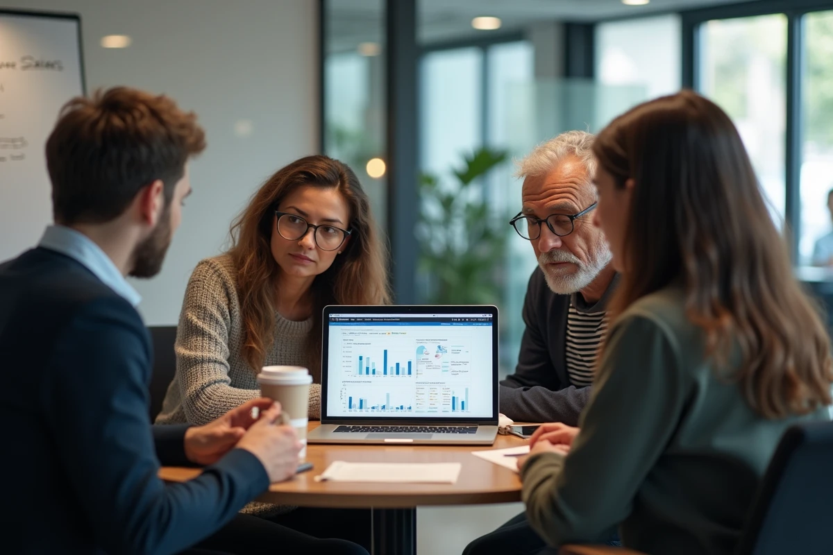 Groupe de collègues discutant des statistiques de salaire moyen en France autour d'un ordinateur portable en salle de réunion