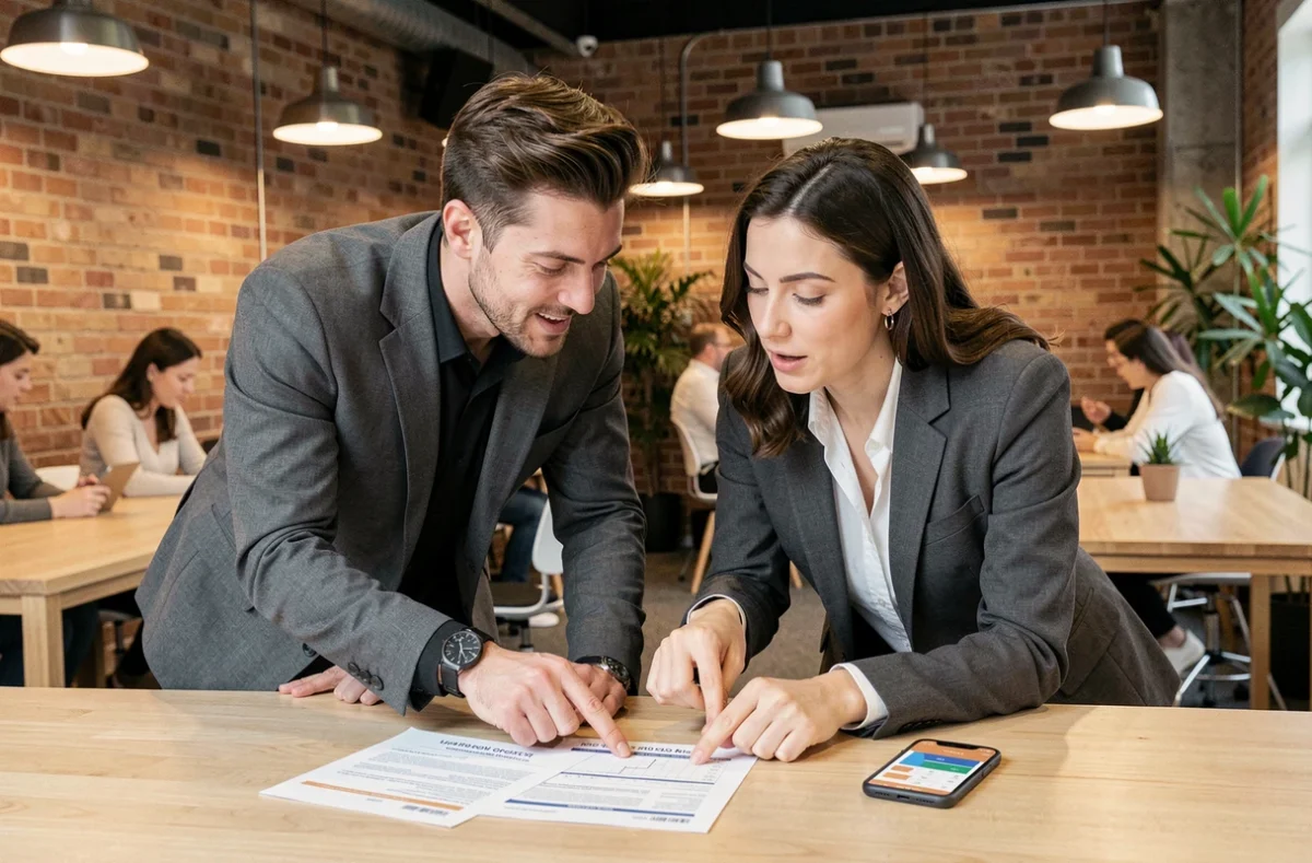 Deux jeunes professionnels analysant une simulation de salaire net brut avant la signature d'un contrat