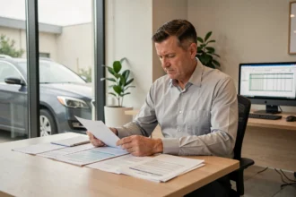 Comptable en entreprise analysant les documents fiscaux liés à l'amortissement non déductible d'un véhicule de tourisme