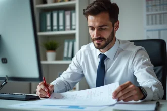 Comptable vérifiant un plan comptable détaillé selon les normes françaises PCG dans un bureau professionnel