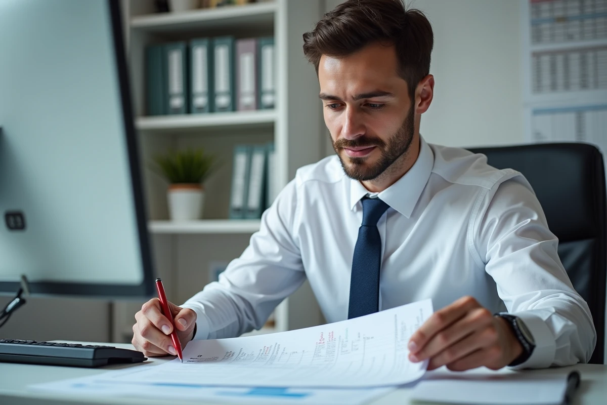 Comptable vérifiant un plan comptable détaillé selon les normes françaises PCG dans un bureau professionnel