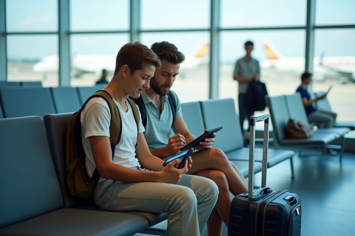 Couple vérifiant leur compte Crédit Agricole Vendée sur tablette dans un aéroport international avant un départ à l'étranger