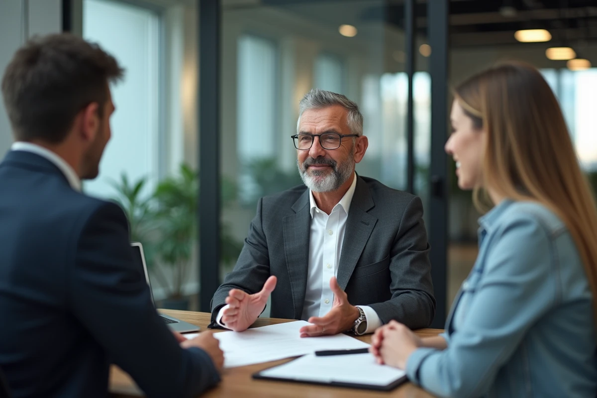 Conseiller financier expliquant un document à un couple au bureau