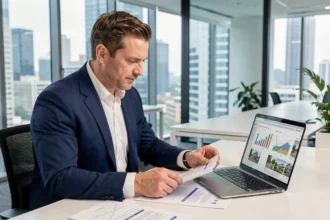 Conseiller financier analysant des documents de SCPI dans un bureau moderne avec vue sur la ville