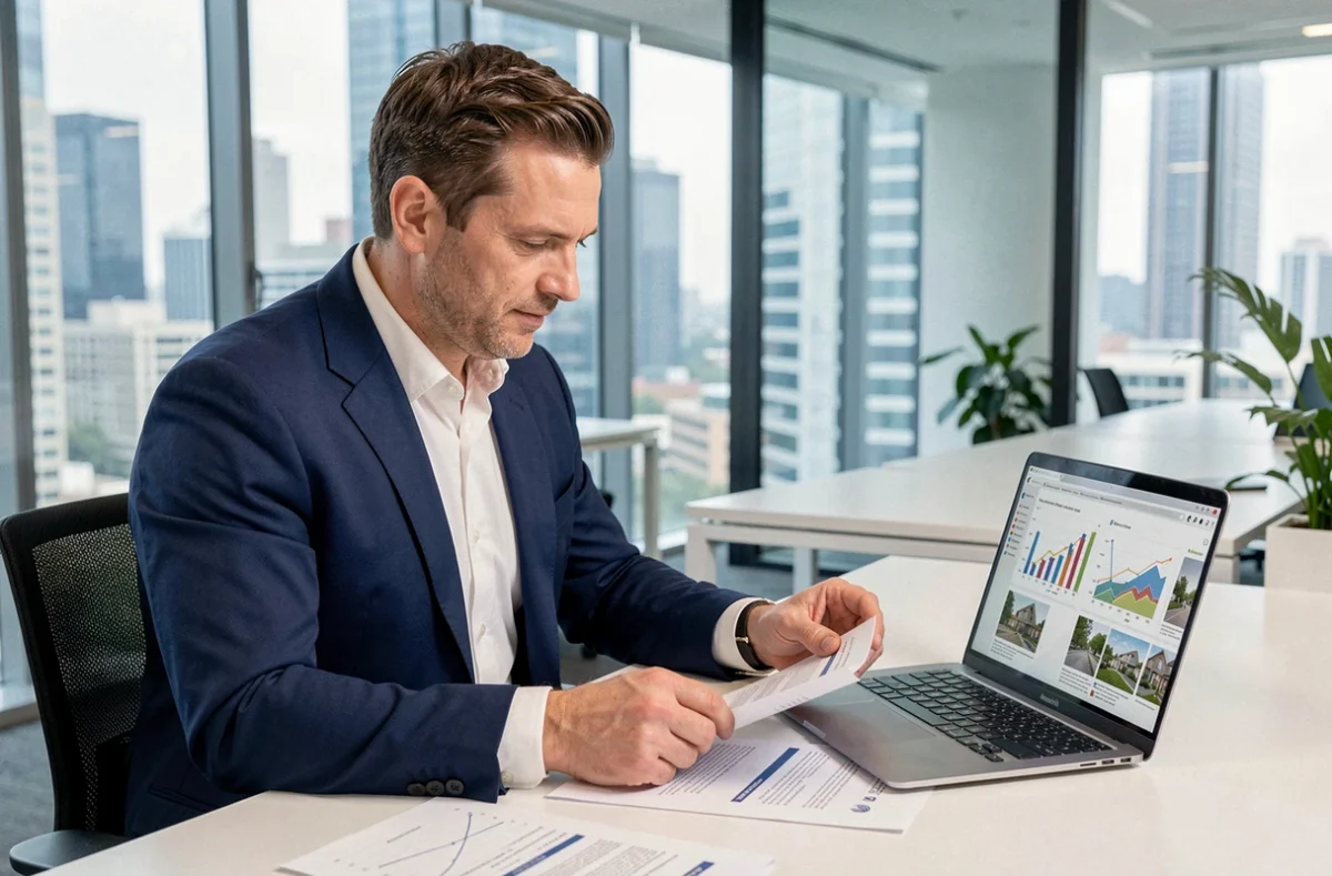 Conseiller financier analysant des documents de SCPI dans un bureau moderne avec vue sur la ville