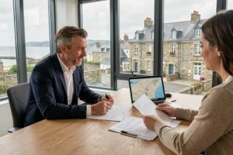 Un conseiller en investissement locatif discute avec des clients dans une agence immobilière moderne en Bretagne