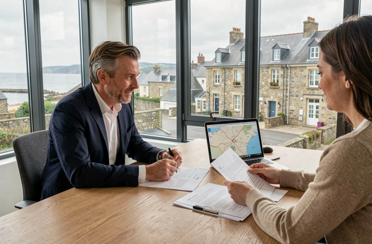 Un conseiller en investissement locatif discute avec des clients dans une agence immobilière moderne en Bretagne