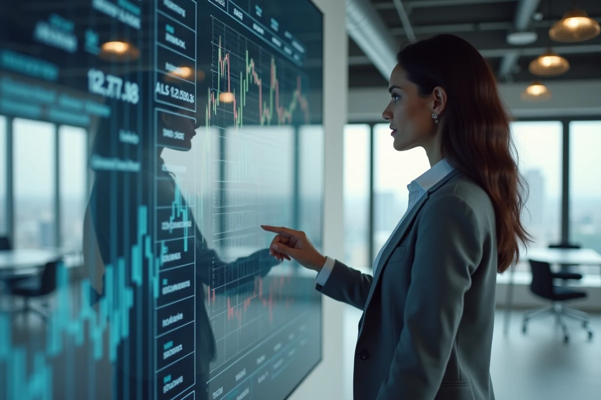 Conseillère en investissement présentant des graphiques de diversification boursière dans un cabinet financier moderne
