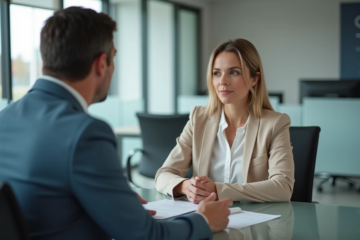 Une femme en consultation avec un conseiller financier dans une agence bancaire moderne pour sécuriser son épargne salariale