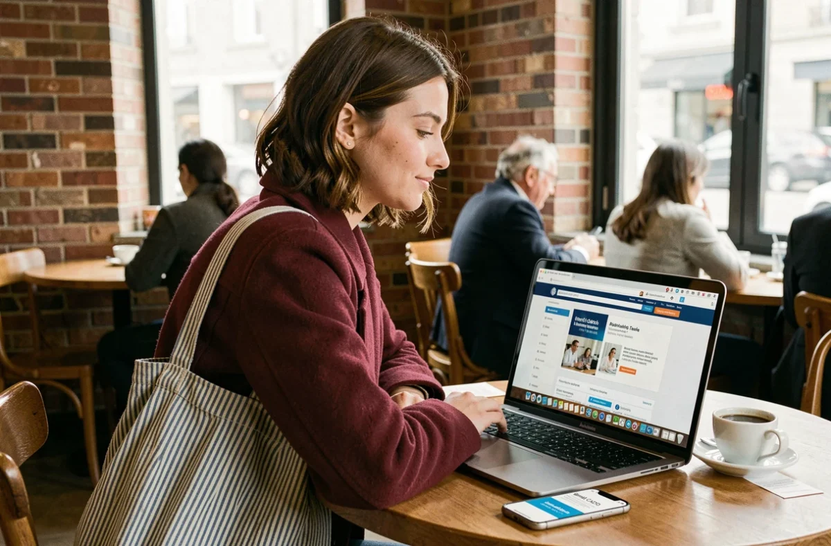 Jeune femme consultant son solde Bimpli CADO en ligne depuis un café avec smartphone et ordinateur